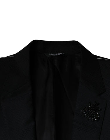 Black Dolce & Gabbana MARTINI Bee single-breasted blazer with notch lapel and tailored fit, displayed on a hanger.