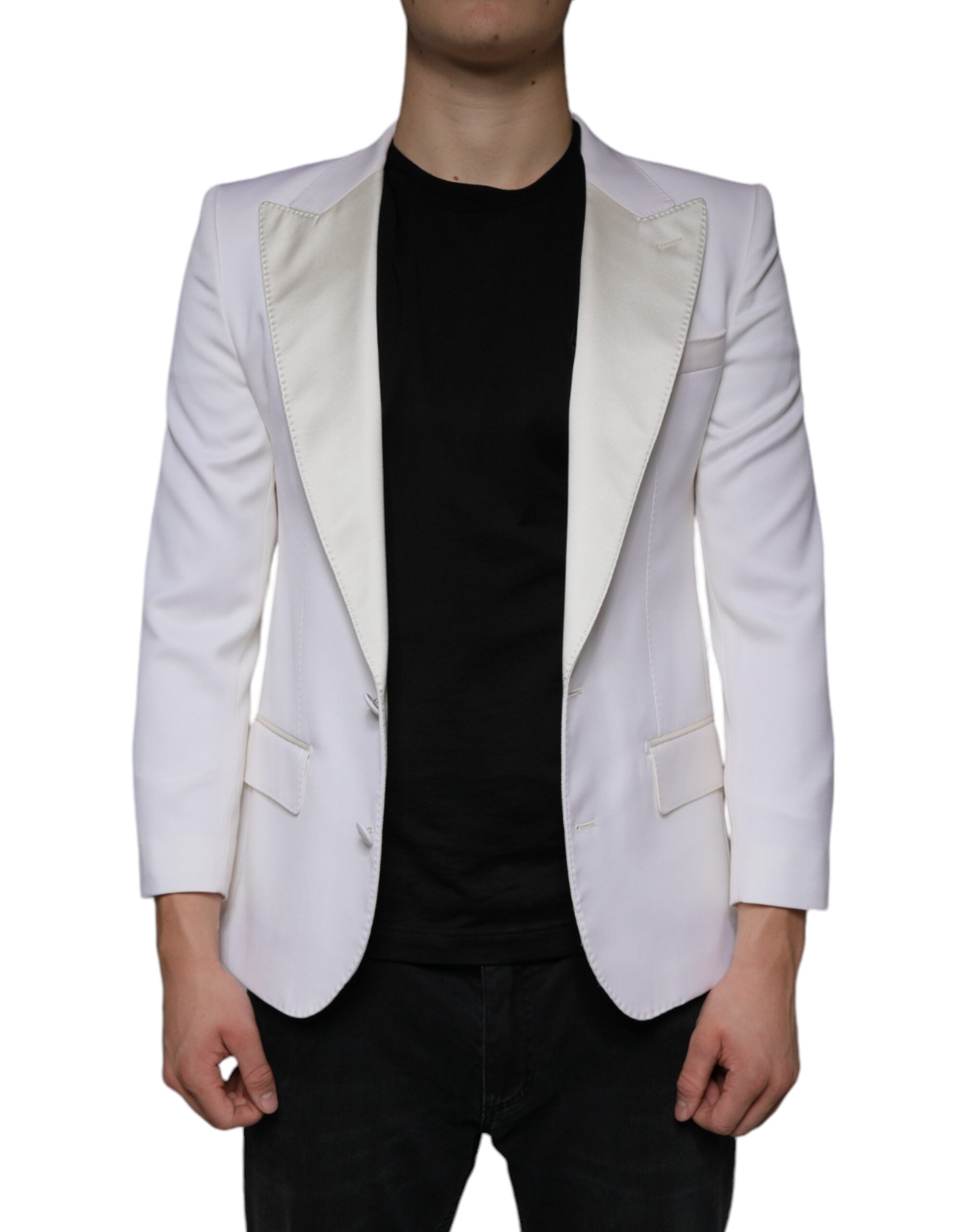 Off White wool single-breasted dress blazer by Dolce & Gabbana, tailored fit with notch lapel and button closure, displayed on a hanger.