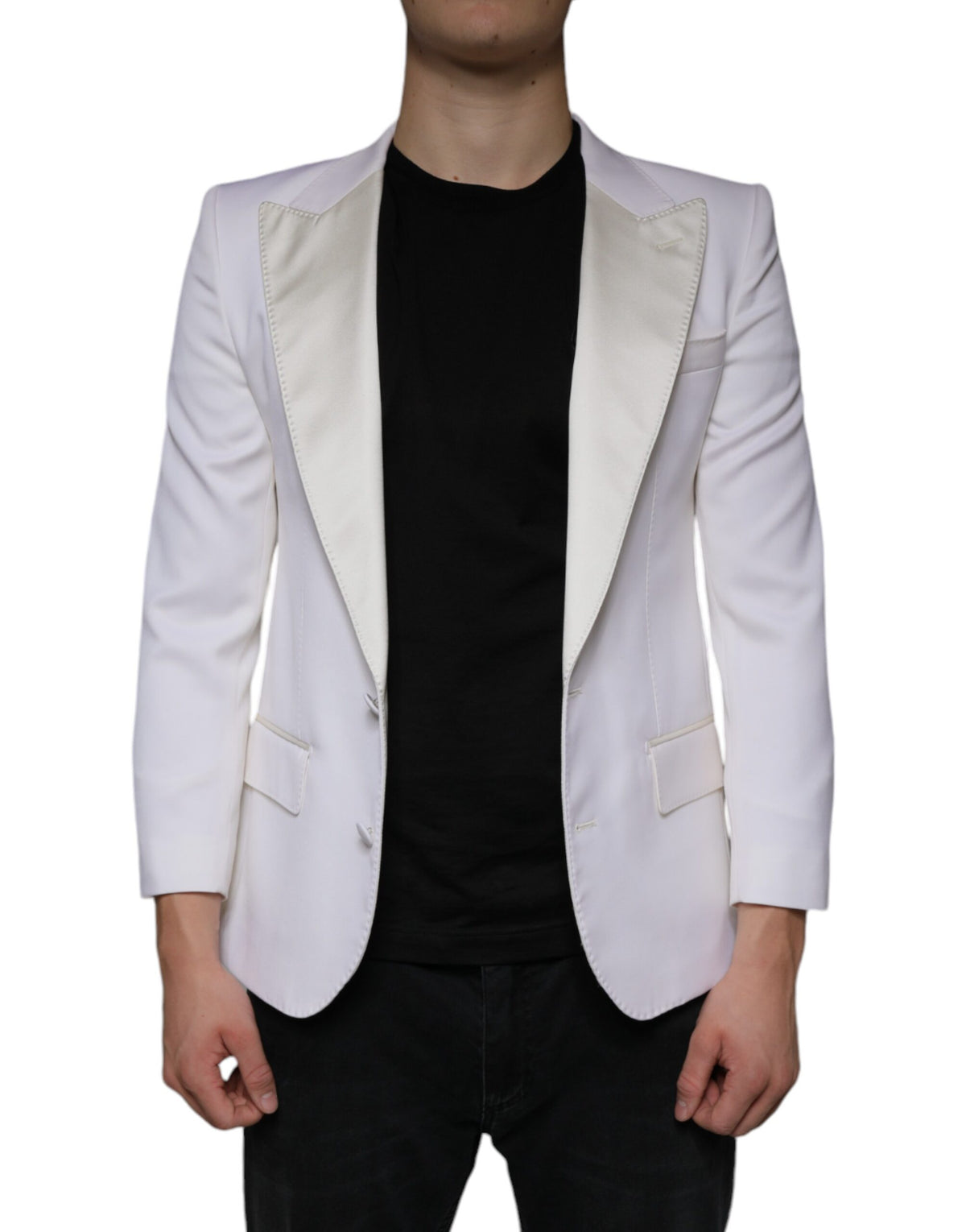 Off White wool single-breasted dress blazer by Dolce & Gabbana, tailored fit with notch lapel and button closure, displayed on a hanger.