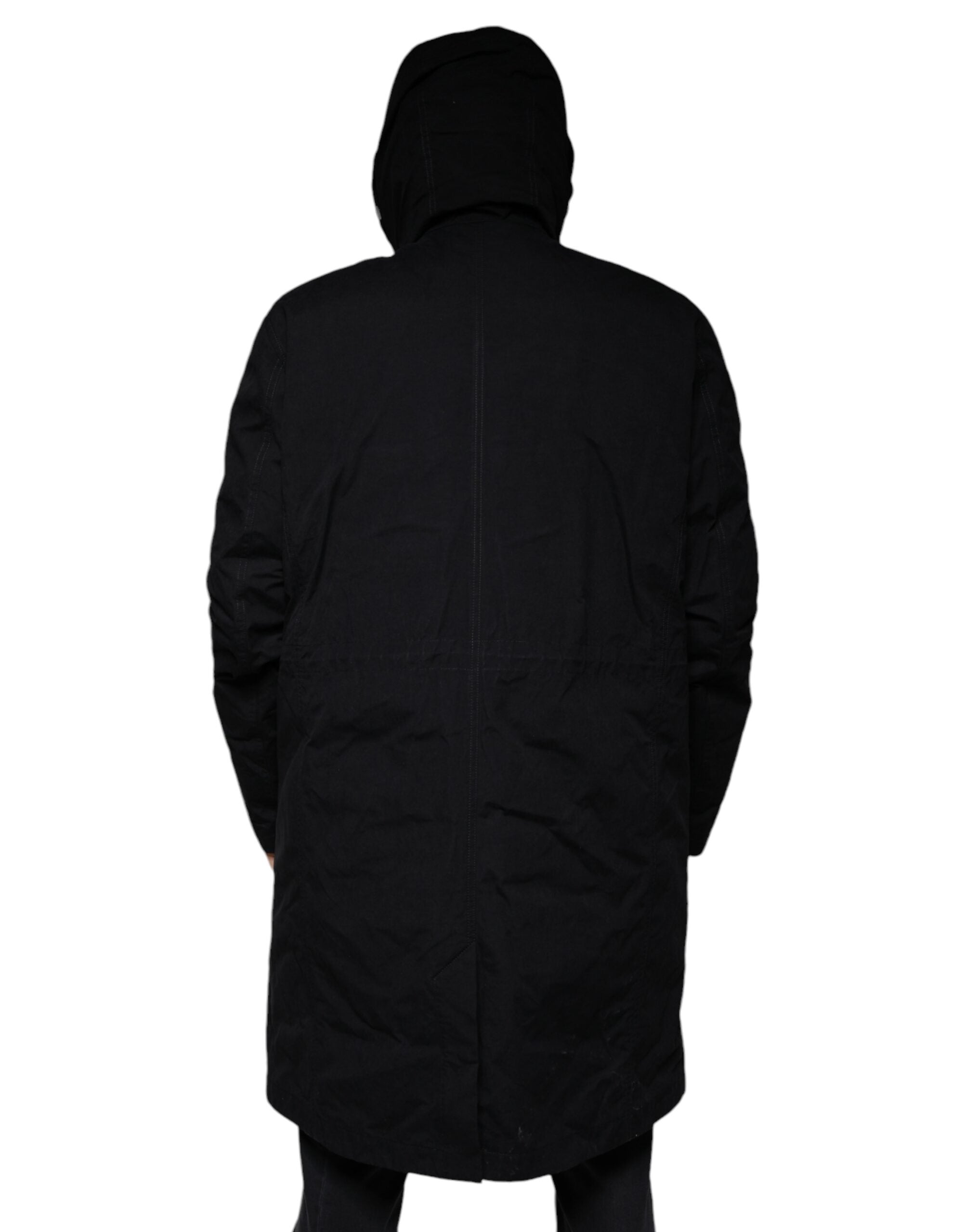 Black Dolce & Gabbana hooded parka cotton trench coat jacket with front pockets and adjustable drawstrings.