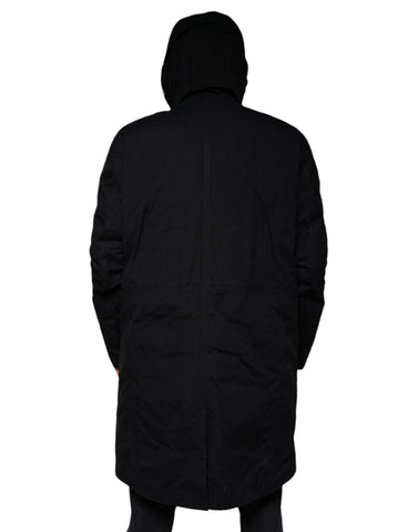 Black Dolce & Gabbana hooded parka cotton trench coat jacket with front pockets and adjustable drawstrings.