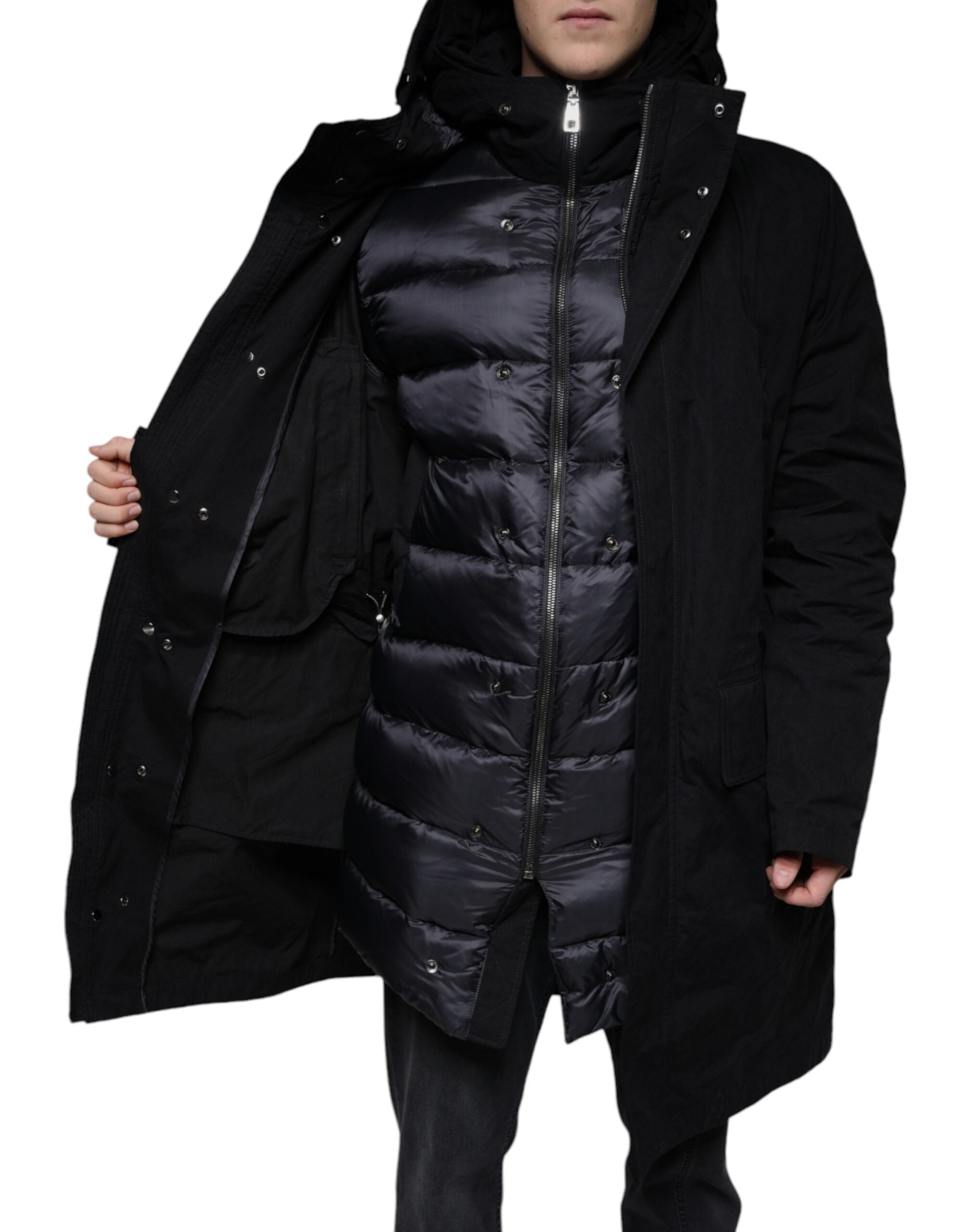 Black hooded parka cotton trench coat jacket by Dolce & Gabbana, featuring a stylish hood and classic trench design.