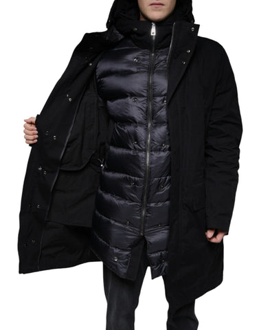 Black hooded parka cotton trench coat jacket by Dolce & Gabbana, featuring a stylish hood and classic trench design.