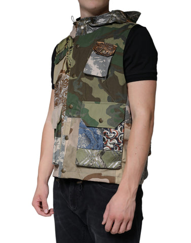 Multicolor patchwork hooded vest jacket by Dolce & Gabbana, featuring vibrant fabric patches and a stylish hooded design.