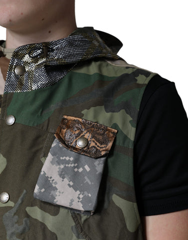 Multicolor patchwork hooded vest jacket by Dolce & Gabbana, featuring vibrant fabric patches and a casual hooded design.