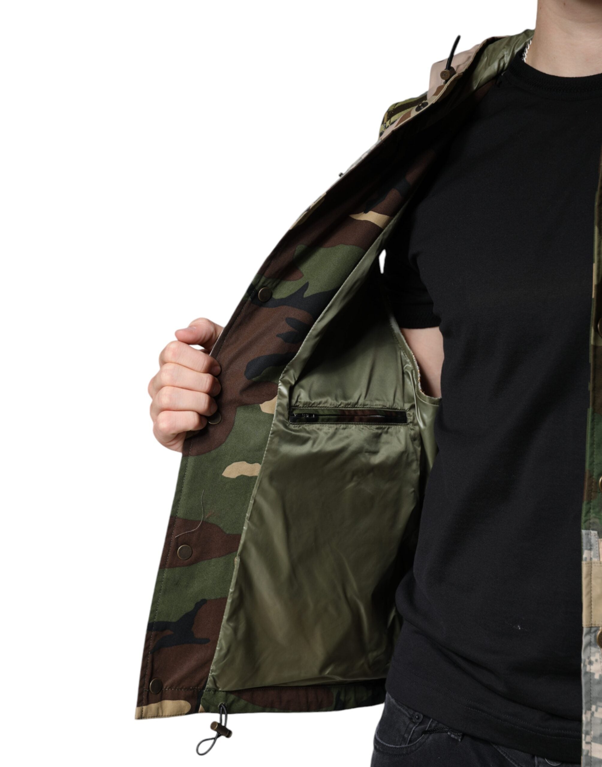 Multicolor patchwork hooded vest jacket by Dolce & Gabbana with vibrant fabric patches and a cozy hood.