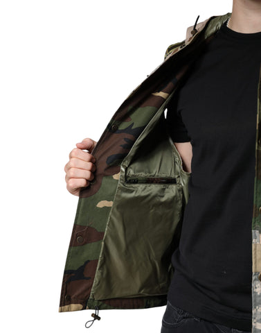 Multicolor patchwork hooded vest jacket by Dolce & Gabbana with vibrant fabric patches and a cozy hood.