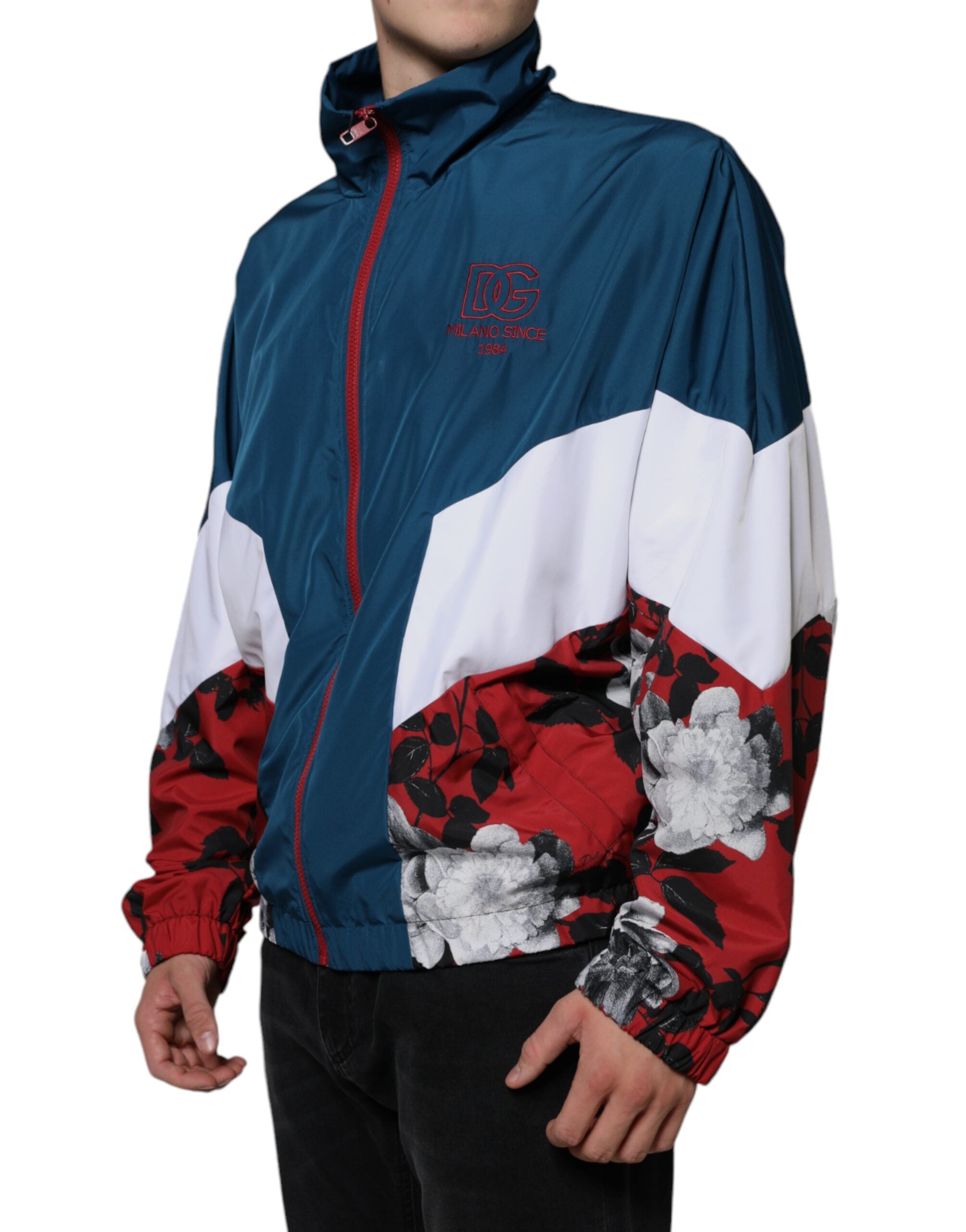 Multicolor polyester full zip jacket by Dolce & Gabbana, featuring vibrant design and a front zipper, displayed on a hanger.