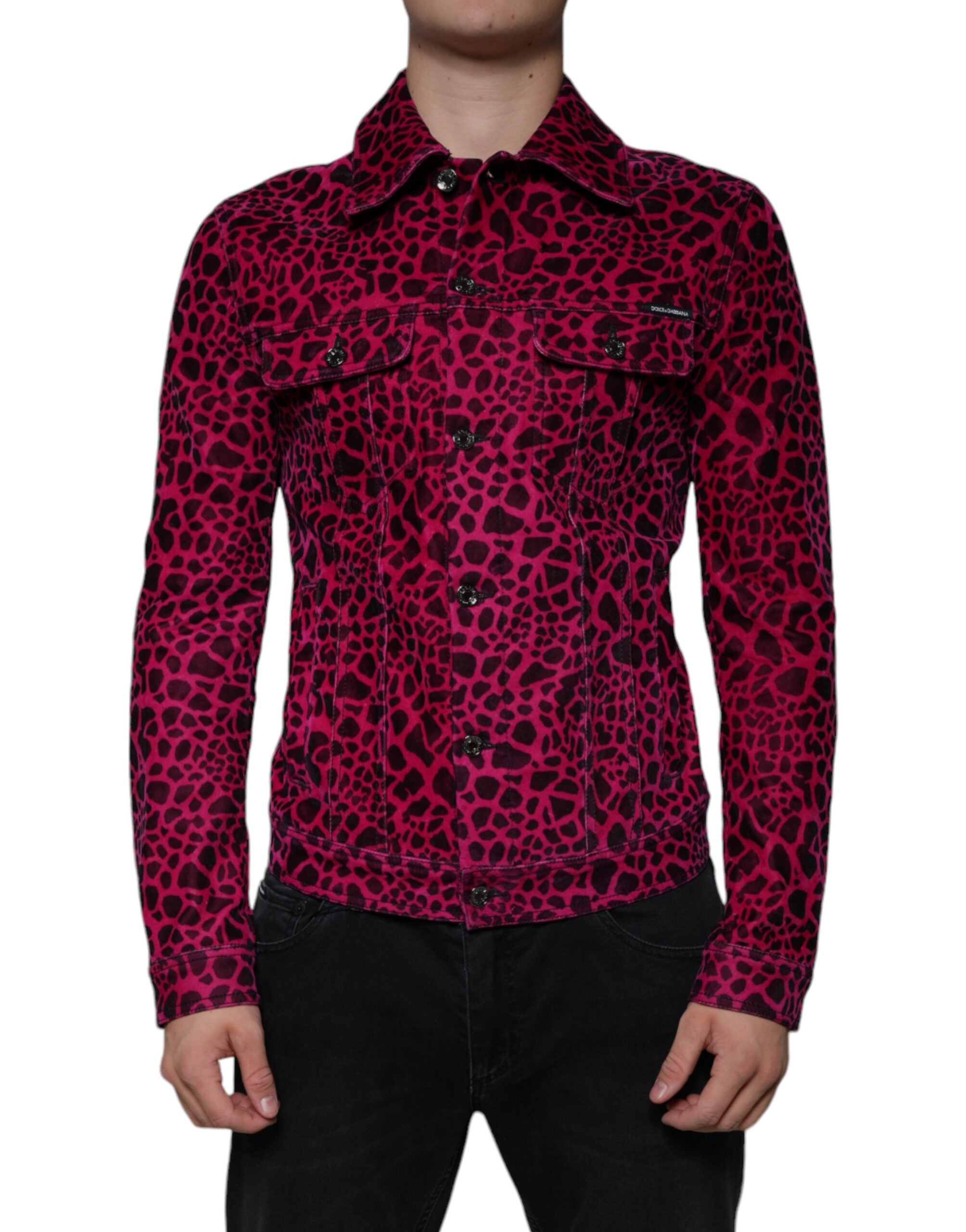 Fuchsia leopard print button-down collared jacket by Dolce & Gabbana, featuring a stylish design and tailored fit.