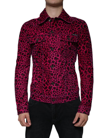 Fuchsia leopard print button-down collared jacket by Dolce & Gabbana, featuring a stylish design and tailored fit.