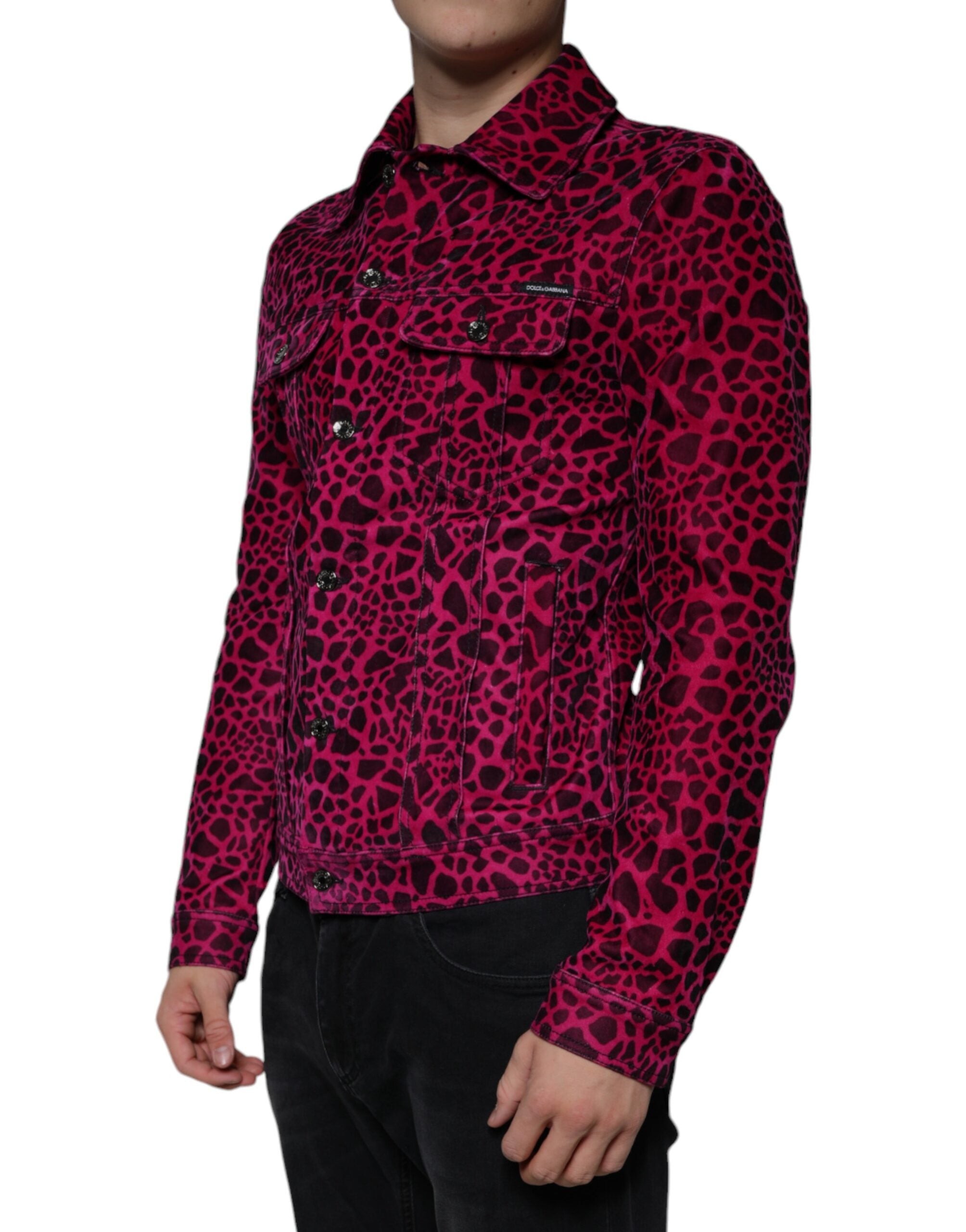 Fuchsia leopard print button-down collared jacket by Dolce & Gabbana, featuring a stylish design and tailored fit.
