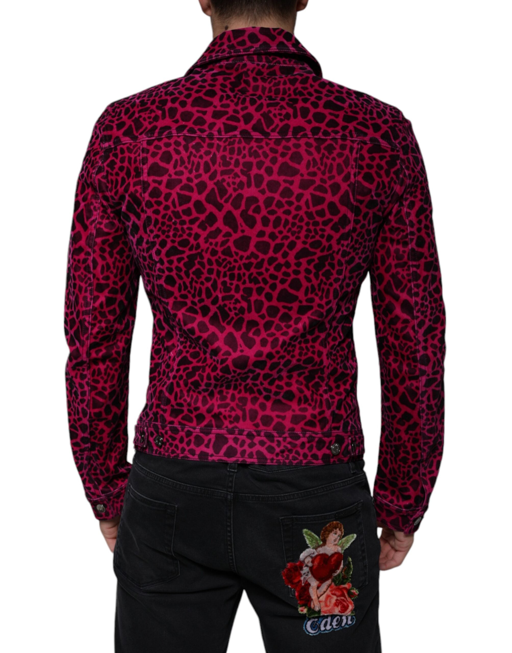 Fuchsia leopard print button-down collared jacket by Dolce & Gabbana, featuring a stylish design and classic fit.