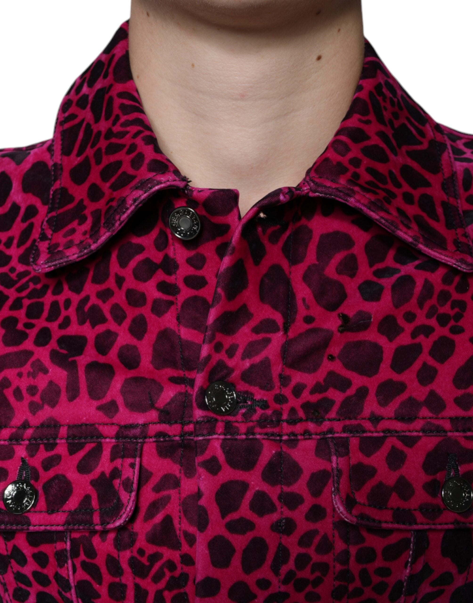 Fuchsia leopard print button-down collared jacket by Dolce & Gabbana, showing vibrant pattern and tailored fit.