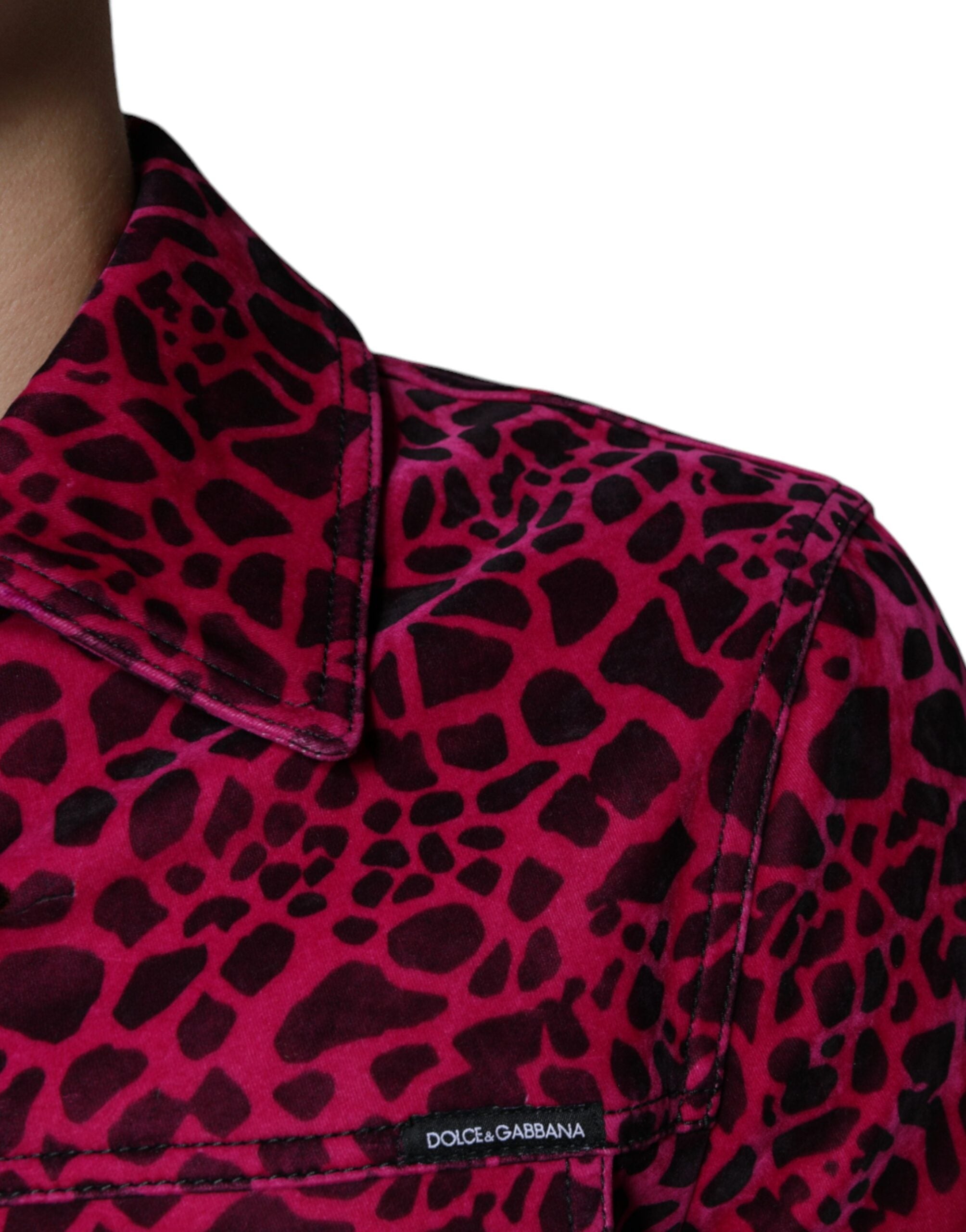 Fuchsia leopard print button-down collared jacket by Dolce & Gabbana, featuring a stylish fit and bold pattern.