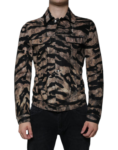 Brown tiger print button-down collared jacket by Dolce & Gabbana displayed on a hanger.
