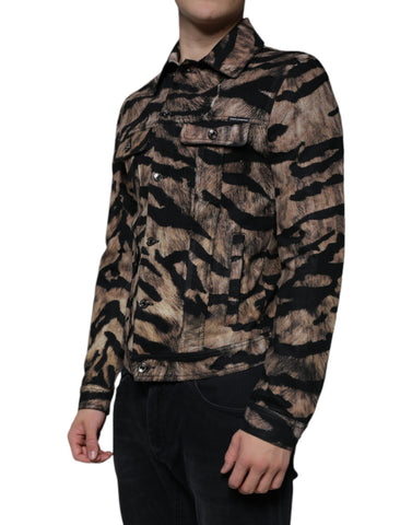 Brown tiger print button-down collared jacket by Dolce & Gabbana, featuring a stylish tiger motif and tailored fit.
