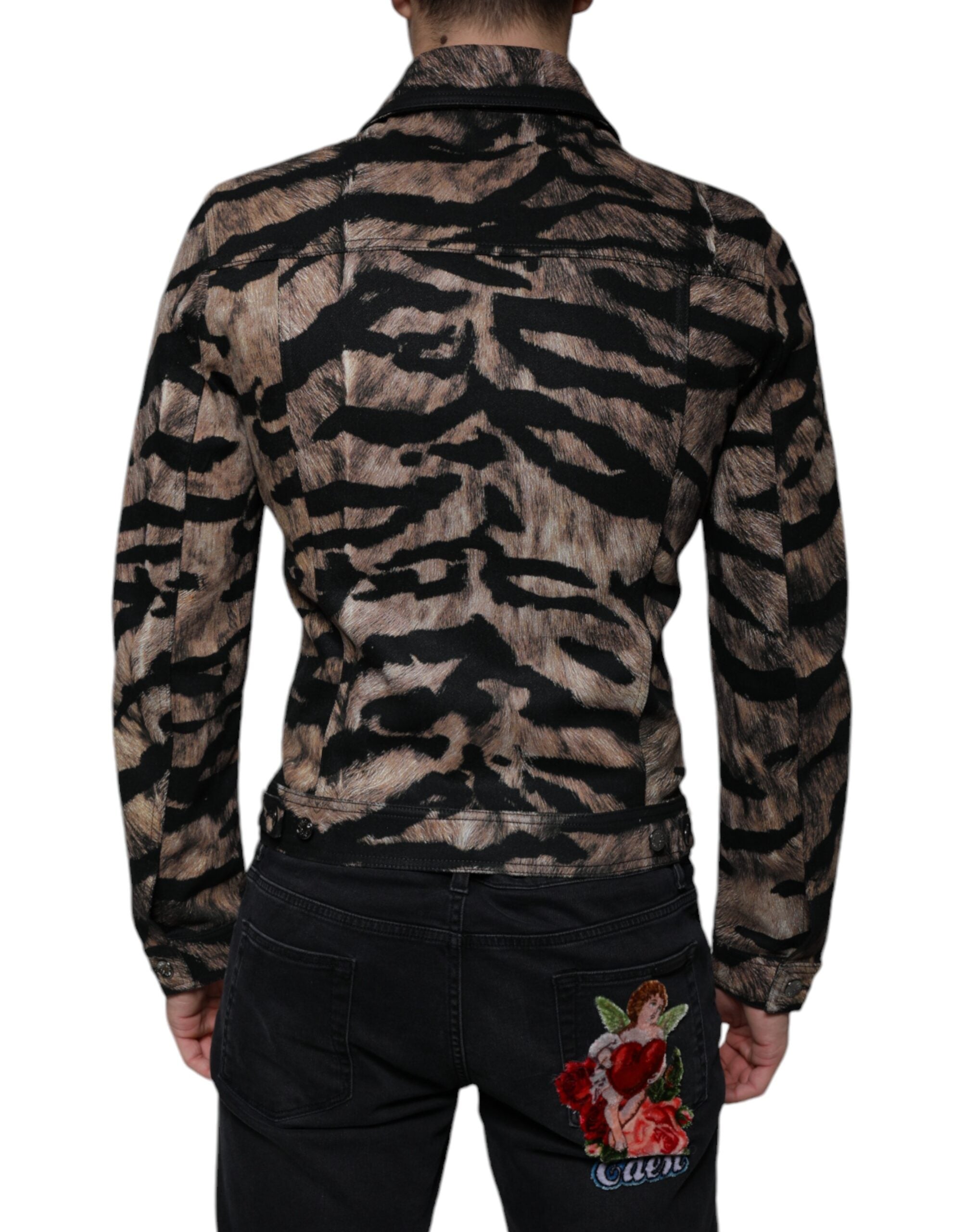 Brown tiger print button-down collared jacket by Dolce & Gabbana with front buttons and tailored fit.