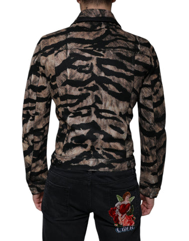 Brown tiger print button-down collared jacket by Dolce & Gabbana with front buttons and tailored fit.