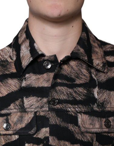 Brown tiger print button-down collared jacket by Dolce & Gabbana, showing front view with detailed tiger pattern fabric.