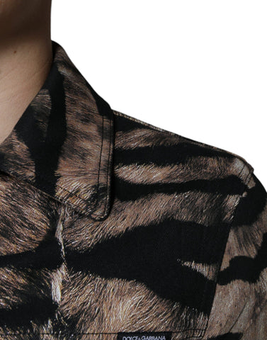 Brown tiger print button-down collared jacket by Dolce & Gabbana, featuring a stylish tiger pattern and classic collar detail.