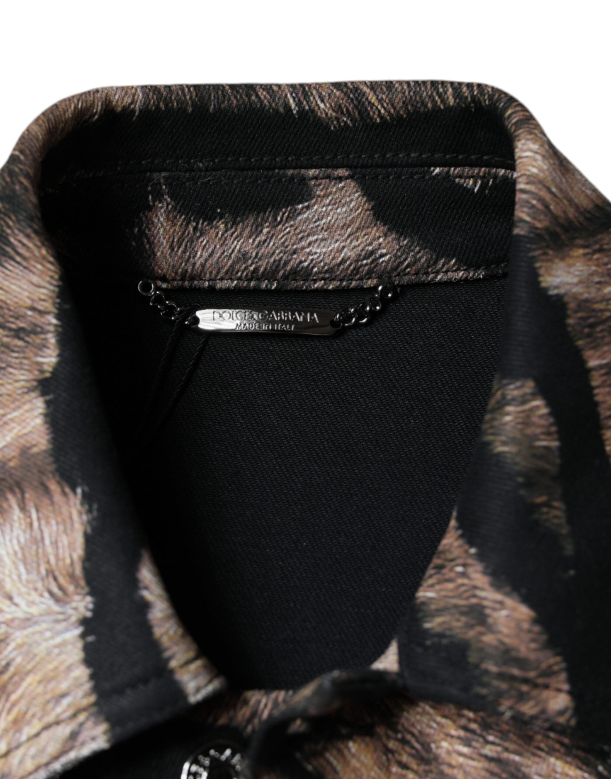 Brown tiger print button-down collared jacket by Dolce & Gabbana, featuring a stylish tiger pattern and classic collar design.