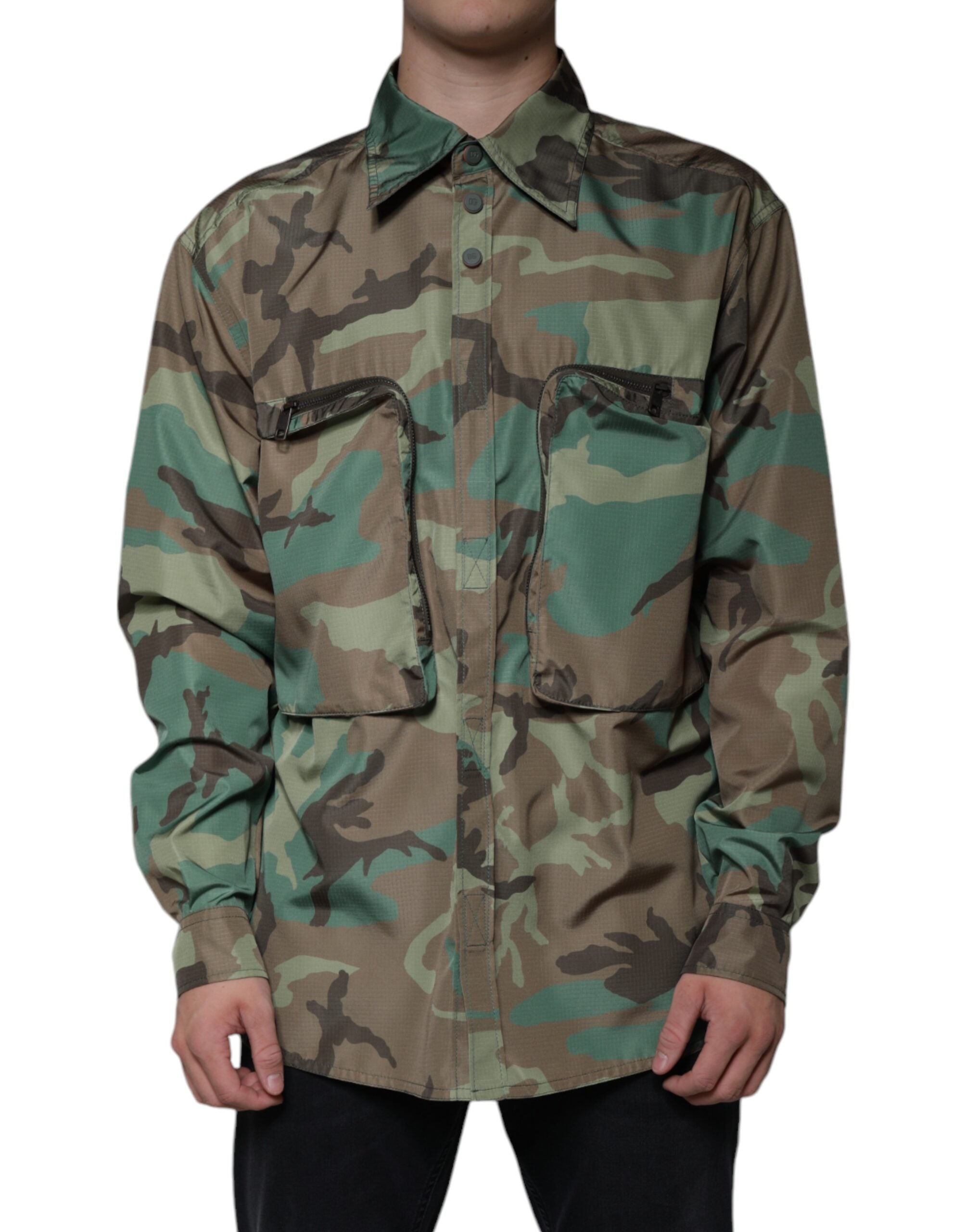 Multicolor camouflage button-down shirt by Dolce & Gabbana featuring a stylish camo pattern and classic collar.