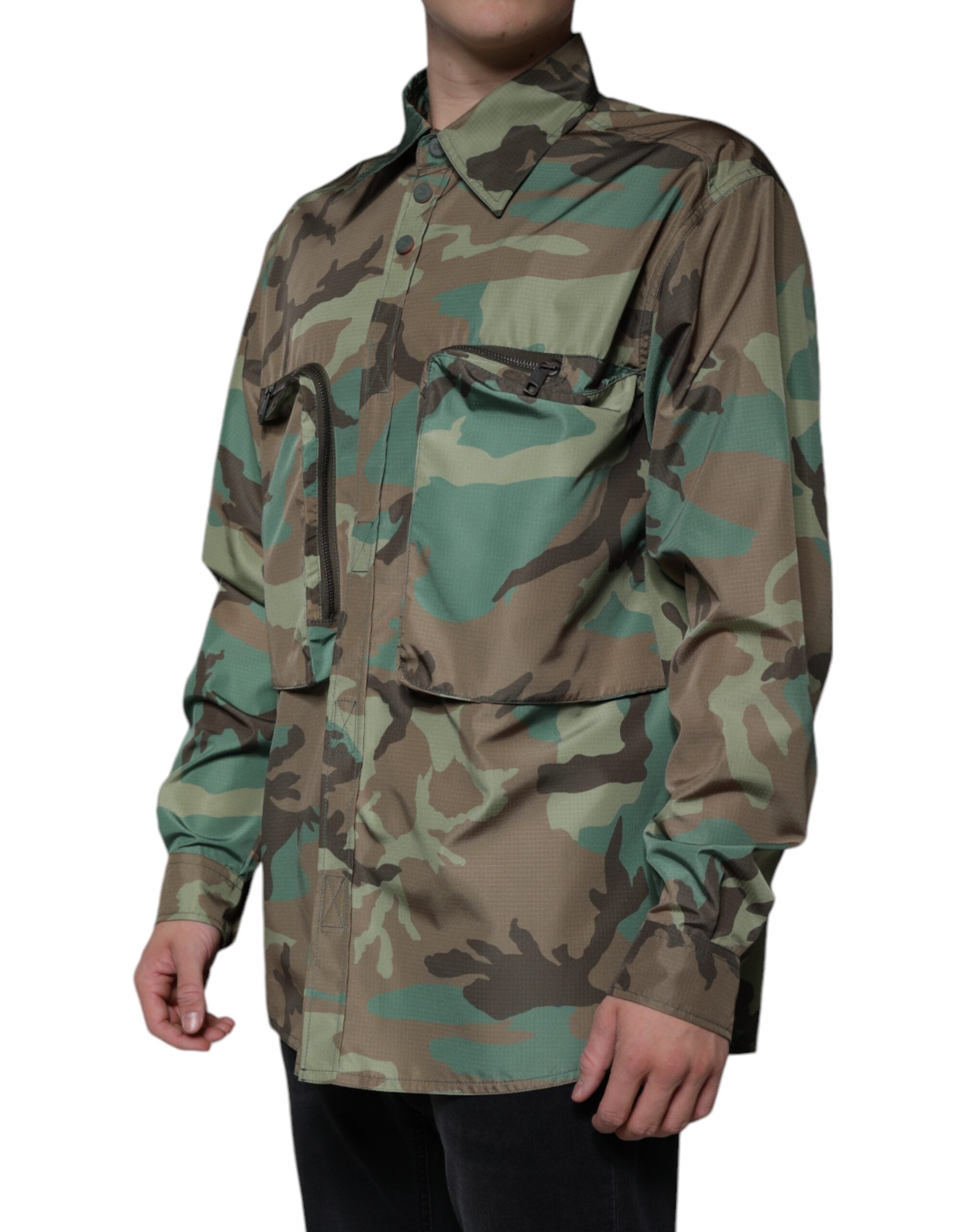 Multicolor camouflage button-down shirt by Dolce & Gabbana with a classic collar and long sleeves.