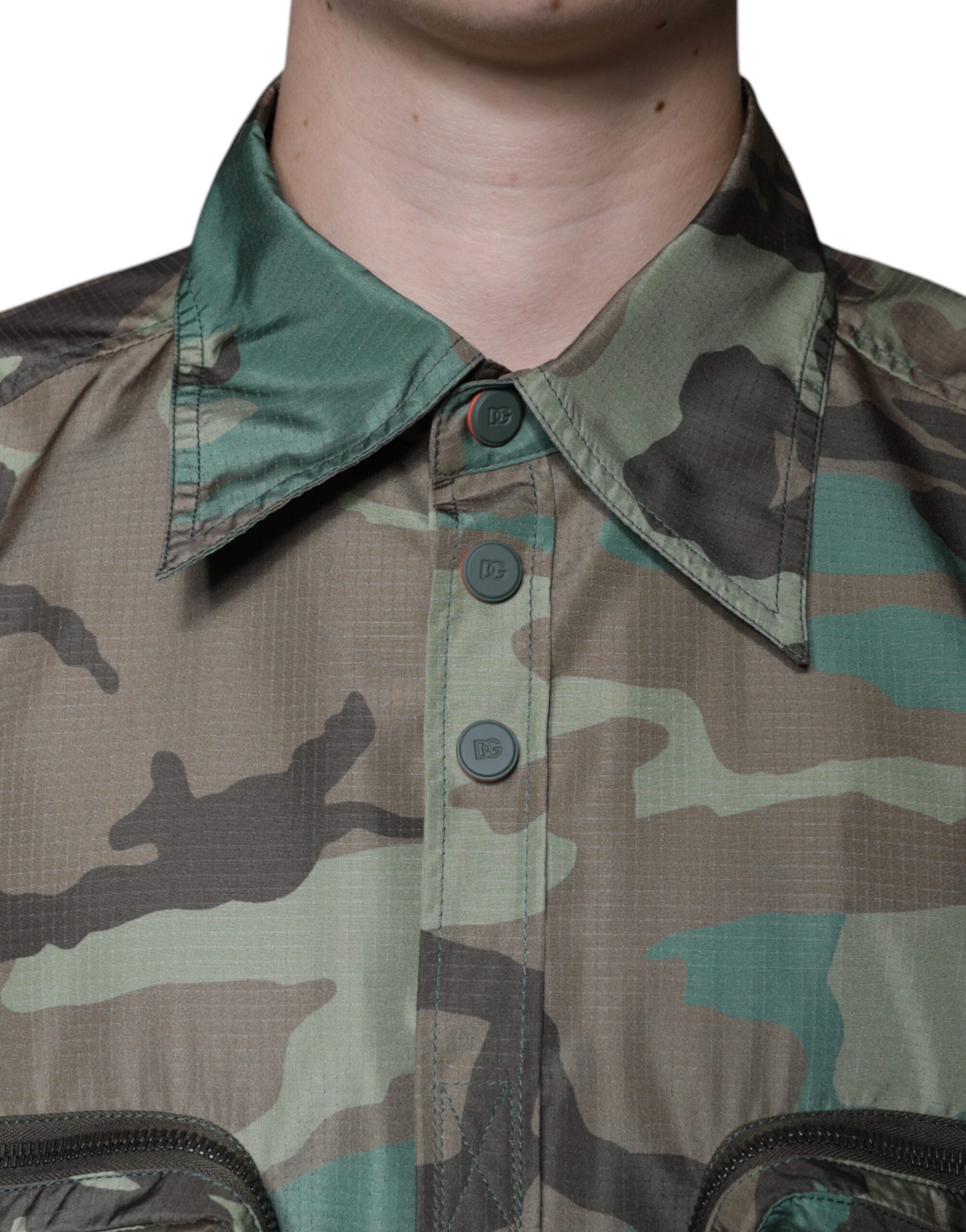 Multicolor camouflage button-down shirt by Dolce & Gabbana, featuring a stylish camo pattern and classic collar.