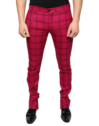 Pink checkered wool skinny pants by Dolce & Gabbana, featuring a fitted silhouette and stylish checkered pattern.