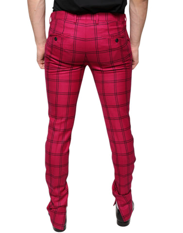 Pink checkered wool skinny pants by Dolce & Gabbana, featuring a tailored fit and stylish pattern.