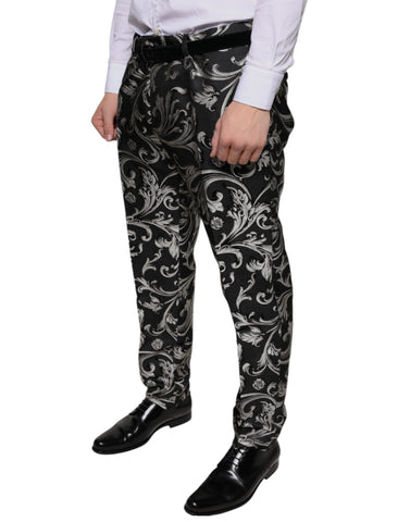 Black Jacquard skinny dress pants by Dolce & Gabbana, showing tailored fit and intricate woven pattern.
