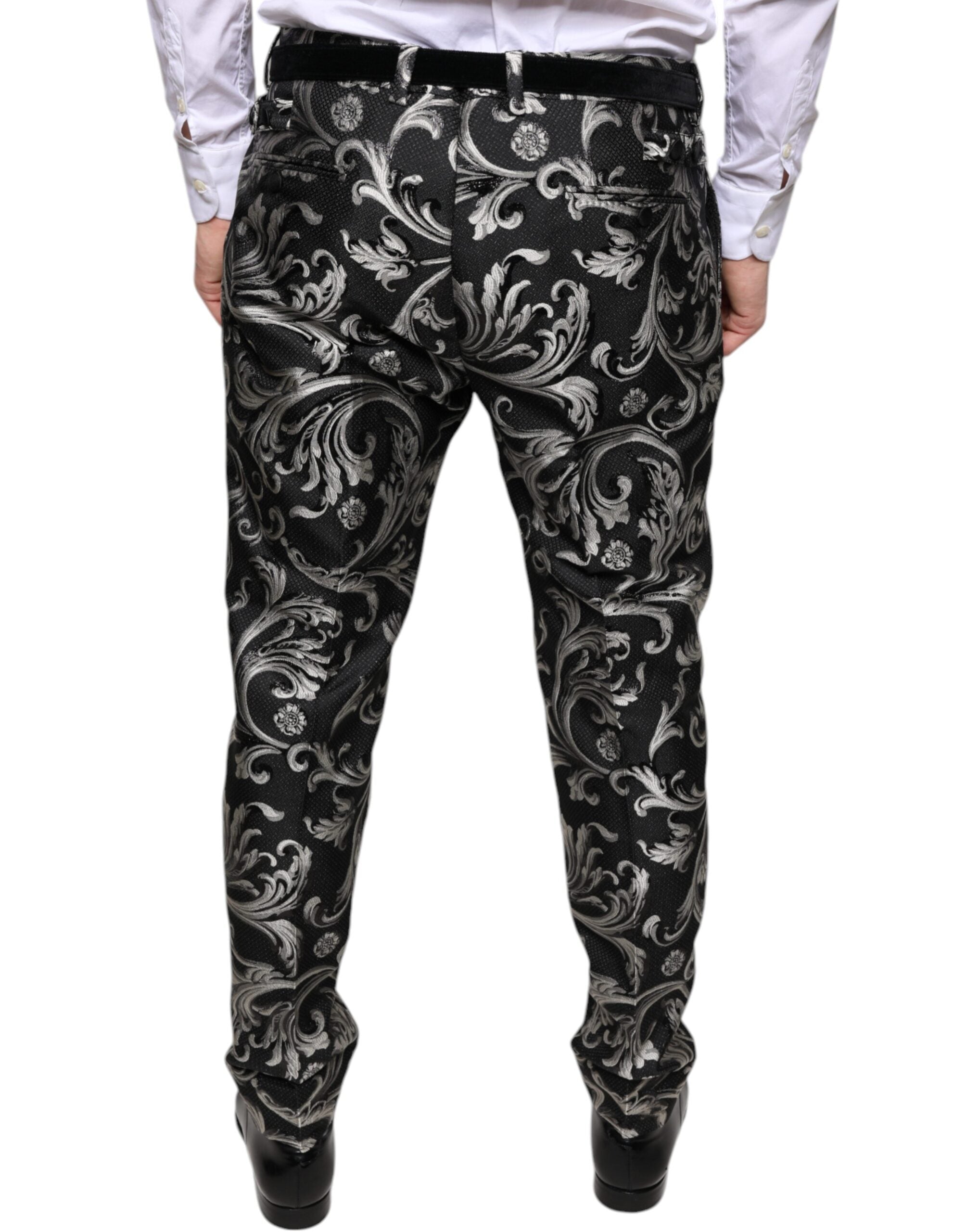 Black Jacquard skinny dress pants by Dolce & Gabbana, tailored fit with intricate woven pattern, stylish formal wear.