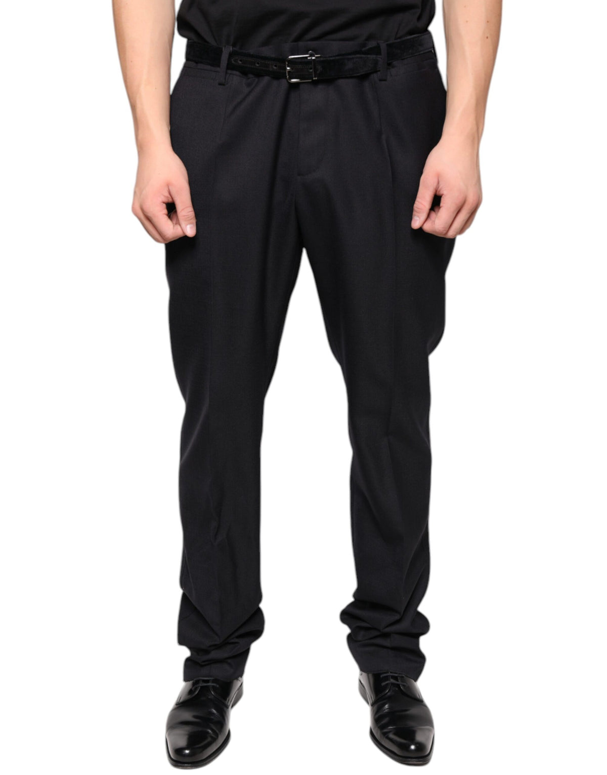 Black wool skinny formal pants by Dolce & Gabbana, tailored fit, with a sleek, modern design suitable for elegant occasions.