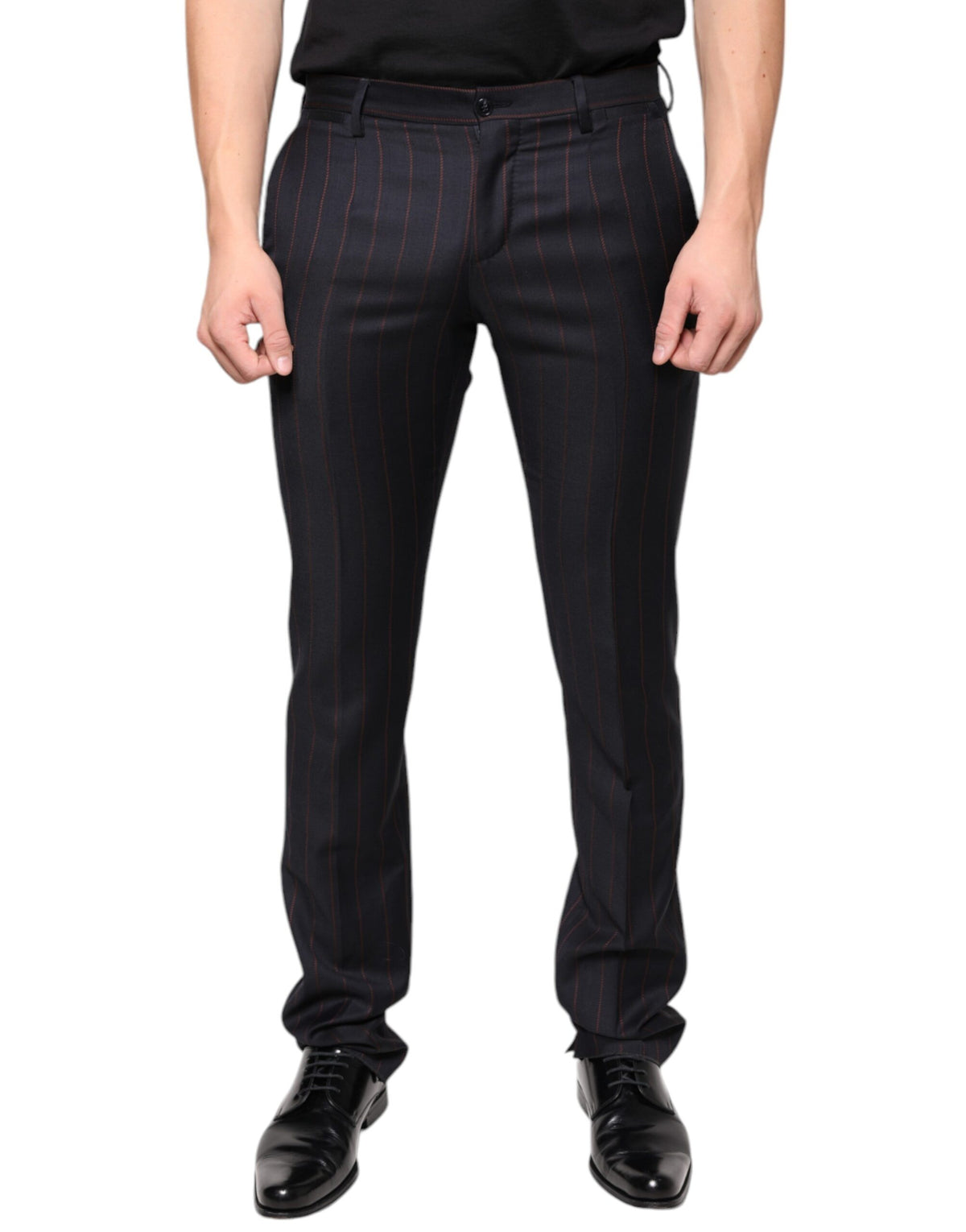Black striped skinny dress pants for men by Dolce & Gabbana, tailored fit with sharp style and modern design.