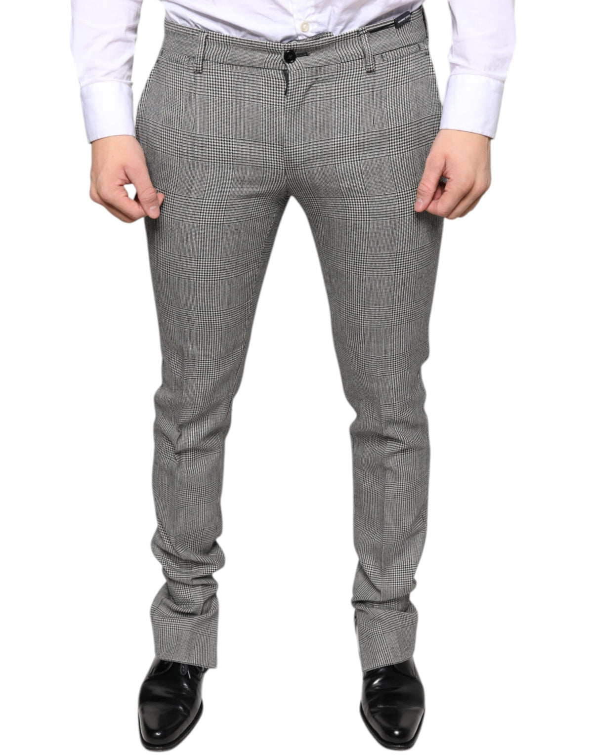 Gray check tartan wool skinny pants by Dolce & Gabbana shown on a model.