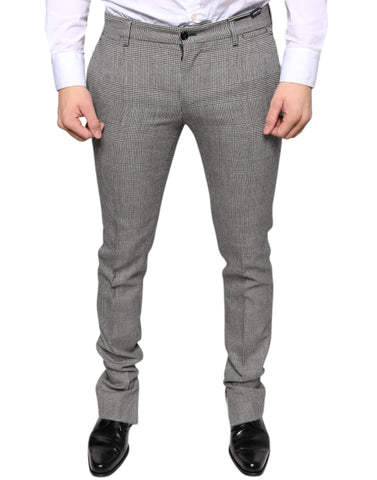 Gray check tartan wool skinny pants by Dolce & Gabbana shown on a model.