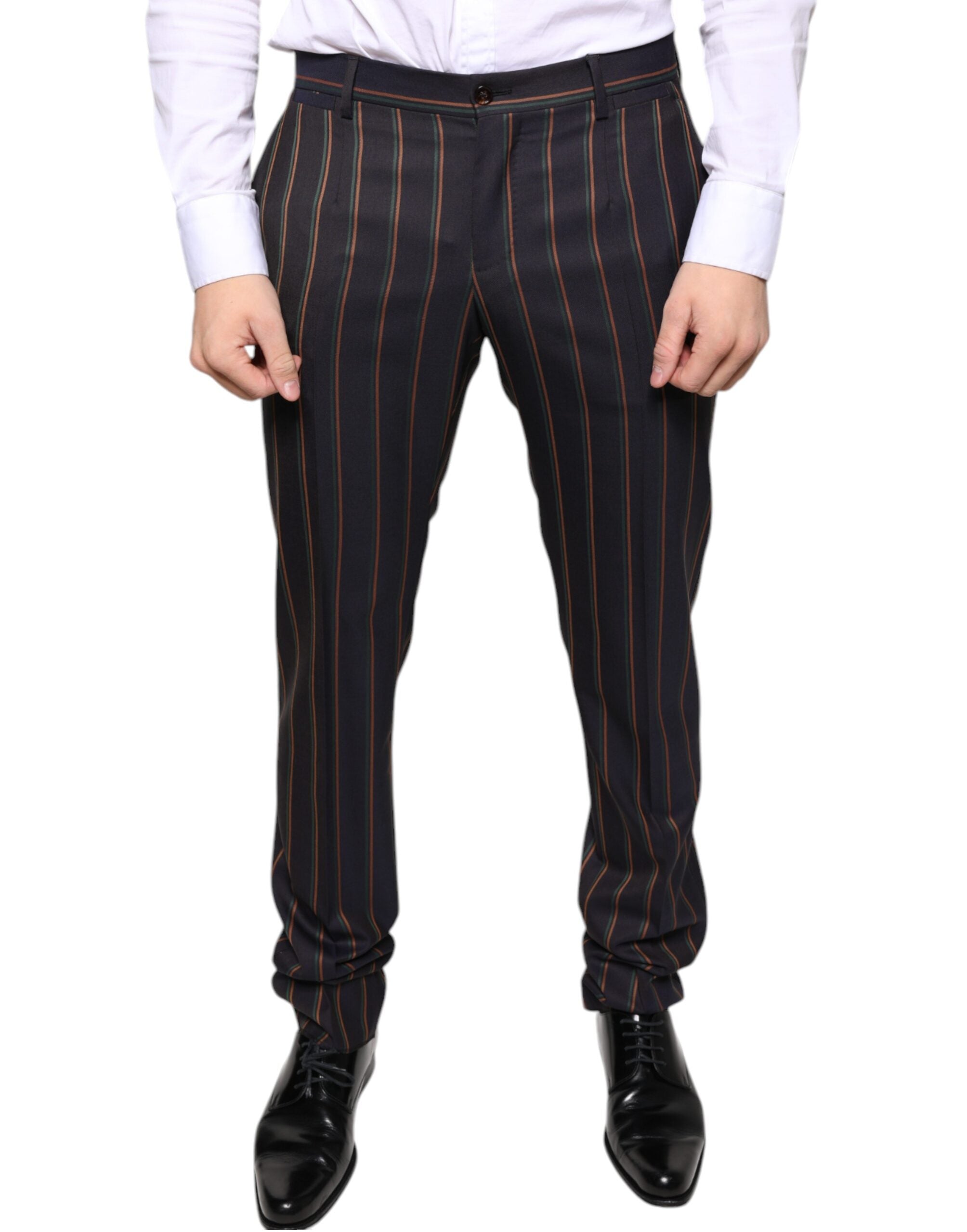 Brown striped skinny men's dress pants by Dolce & Gabbana, tailored fit with sleek design and modern style.