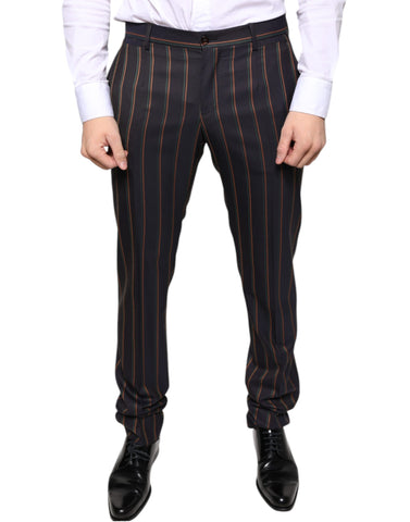 Brown striped skinny men's dress pants by Dolce & Gabbana, tailored fit with classic stripe pattern and sleek design.