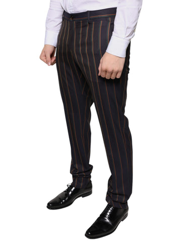 Brown striped skinny men's dress pants by Dolce & Gabbana, tailored fit with sleek design and contrast stripe pattern.