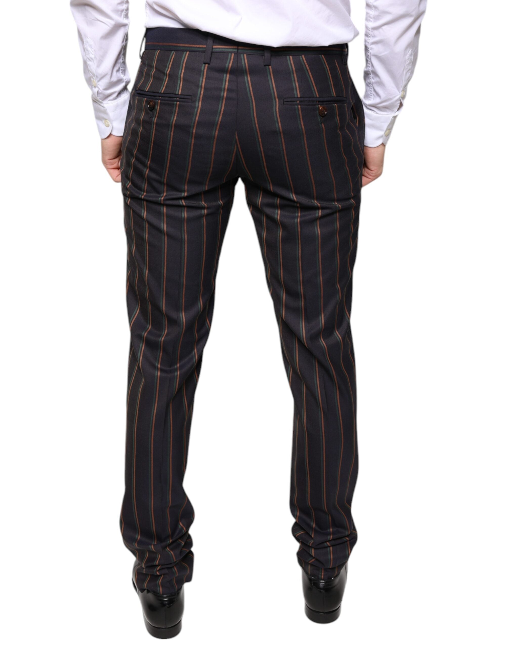 Brown striped skinny men's dress pants by Dolce & Gabbana, tailored fit with stylish stripe pattern and classic formal design.