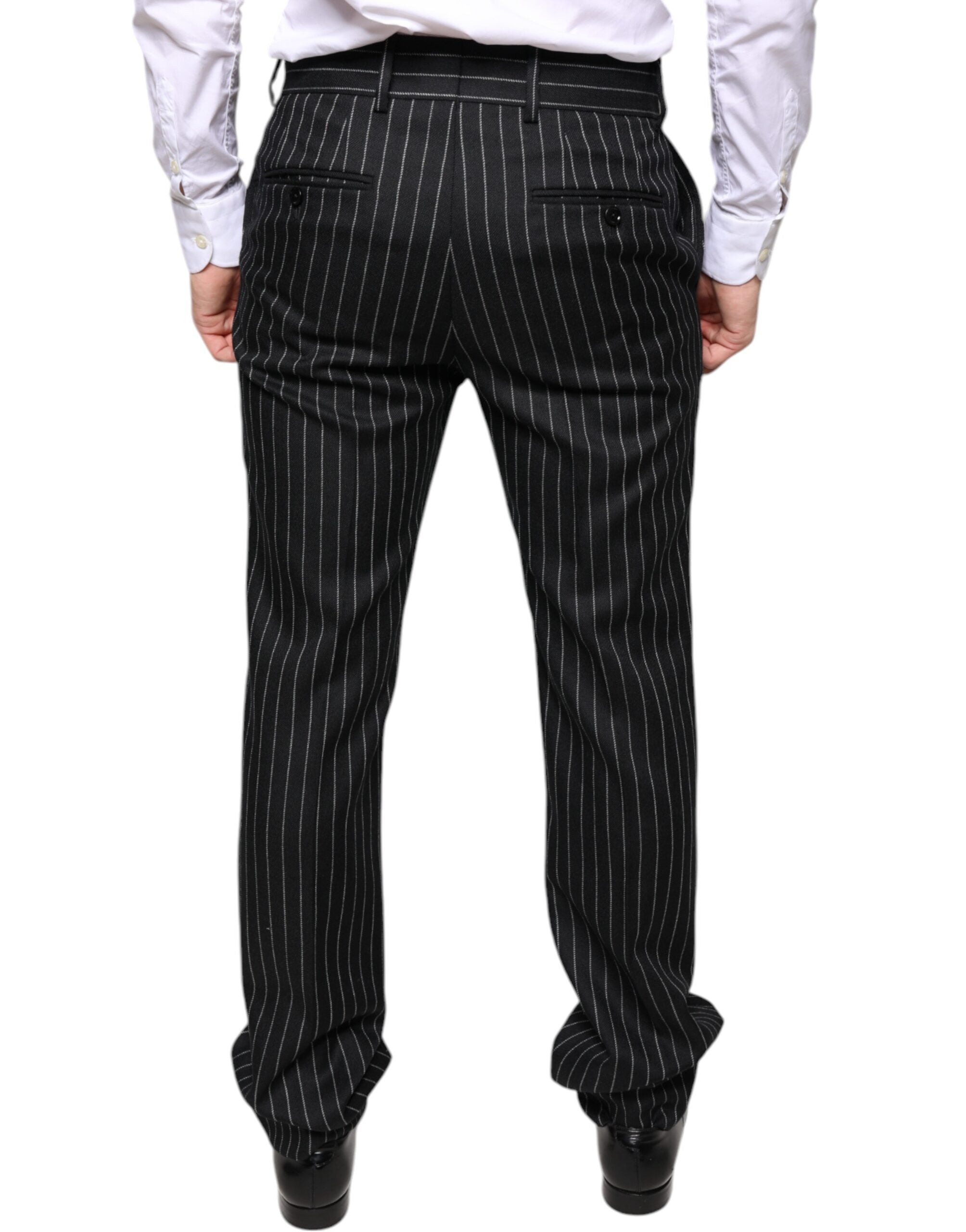 Black stripes skinny men's dress pants by Dolce & Gabbana, tailored fit with sleek design and stylish pattern.