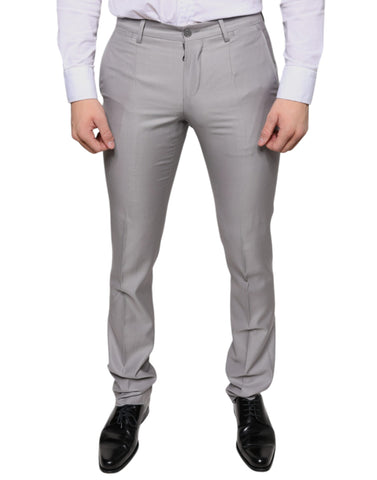 Light gray wool dress pants by Dolce & Gabbana, tailored fit with classic crease front, side pockets, and belt loops.