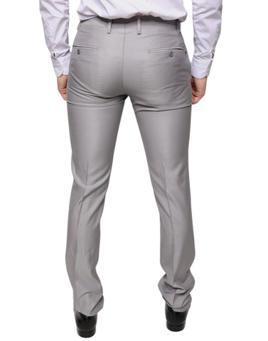 Light gray wool dress pants by Dolce & Gabbana, tailored fit with classic waistband and crease detail, suitable for formal wear.