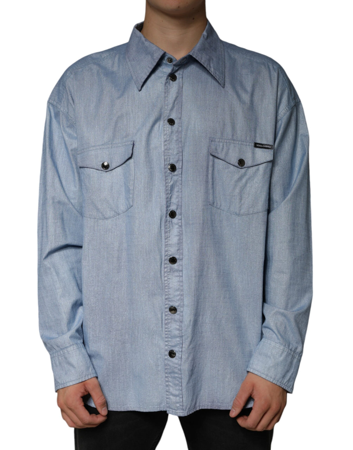 Light blue cotton button-down casual shirt by Dolce & Gabbana, featuring a classic collar and relaxed fit.