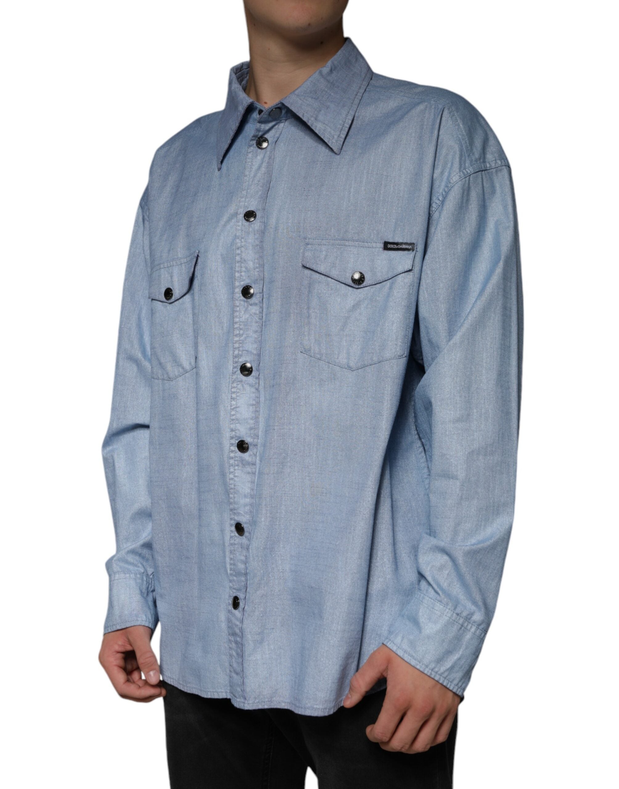 Light blue cotton button-down casual shirt by Dolce & Gabbana, shown on a hanger with a relaxed fit and classic collar.