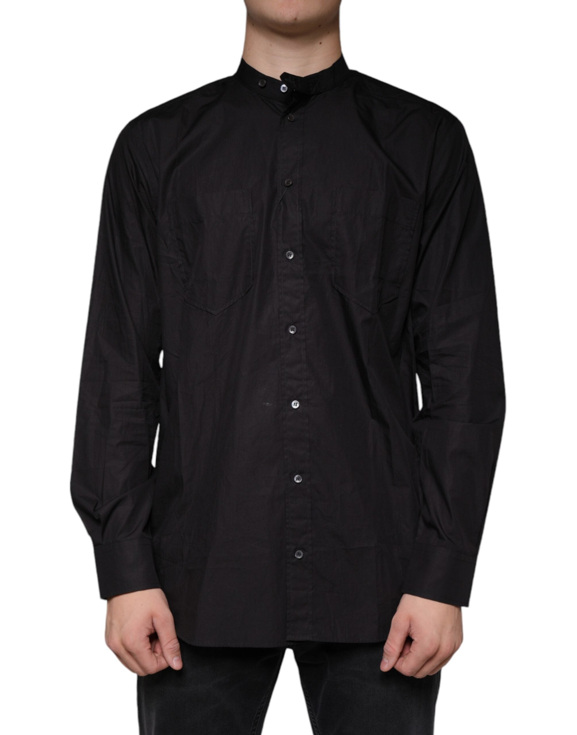 Black cotton button-down men's casual shirt by Dolce & Gabbana, shown with a classic collar and button front detail.