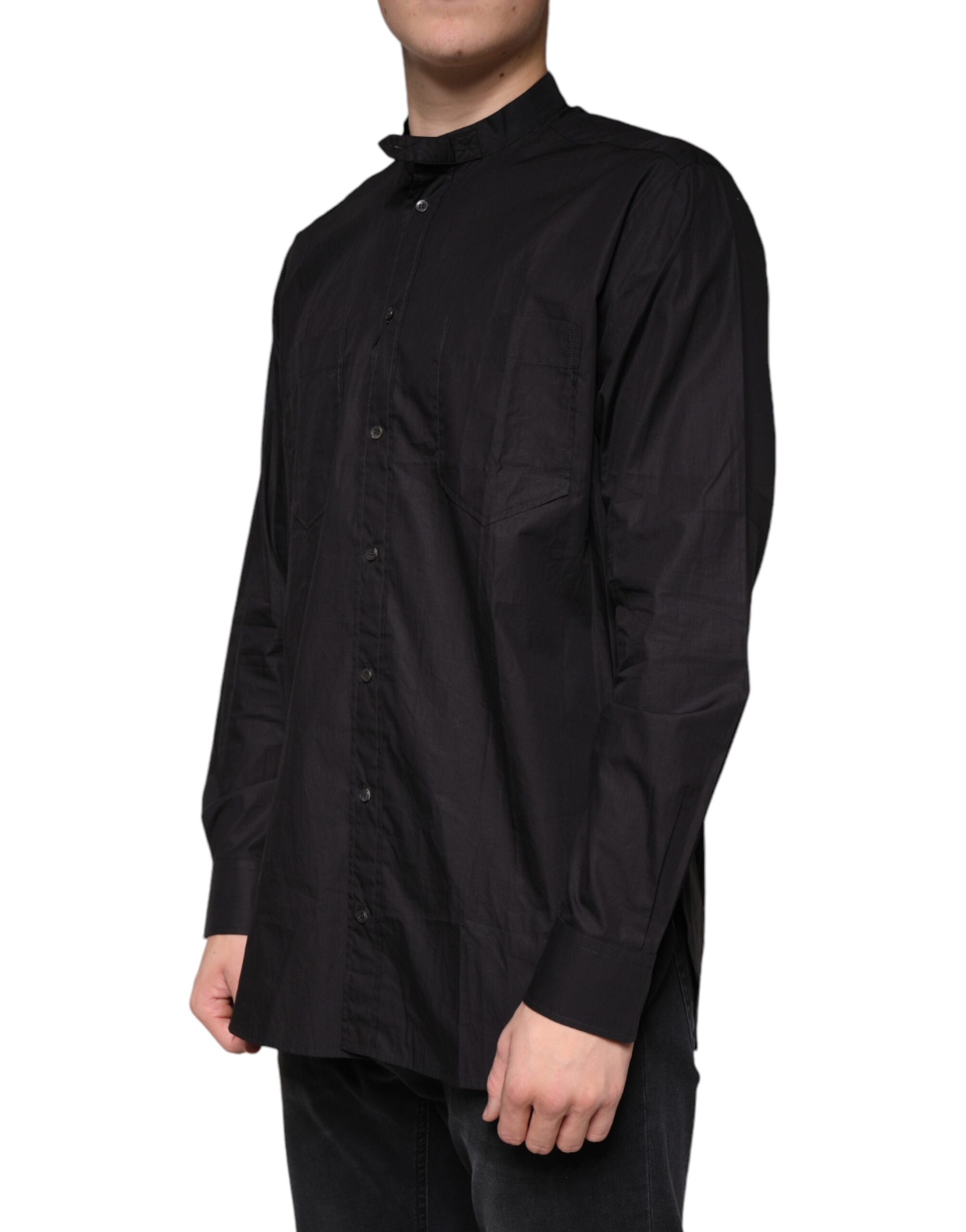 Black cotton button-down men's casual shirt by Dolce & Gabbana, featuring a classic fit and stylish collar.