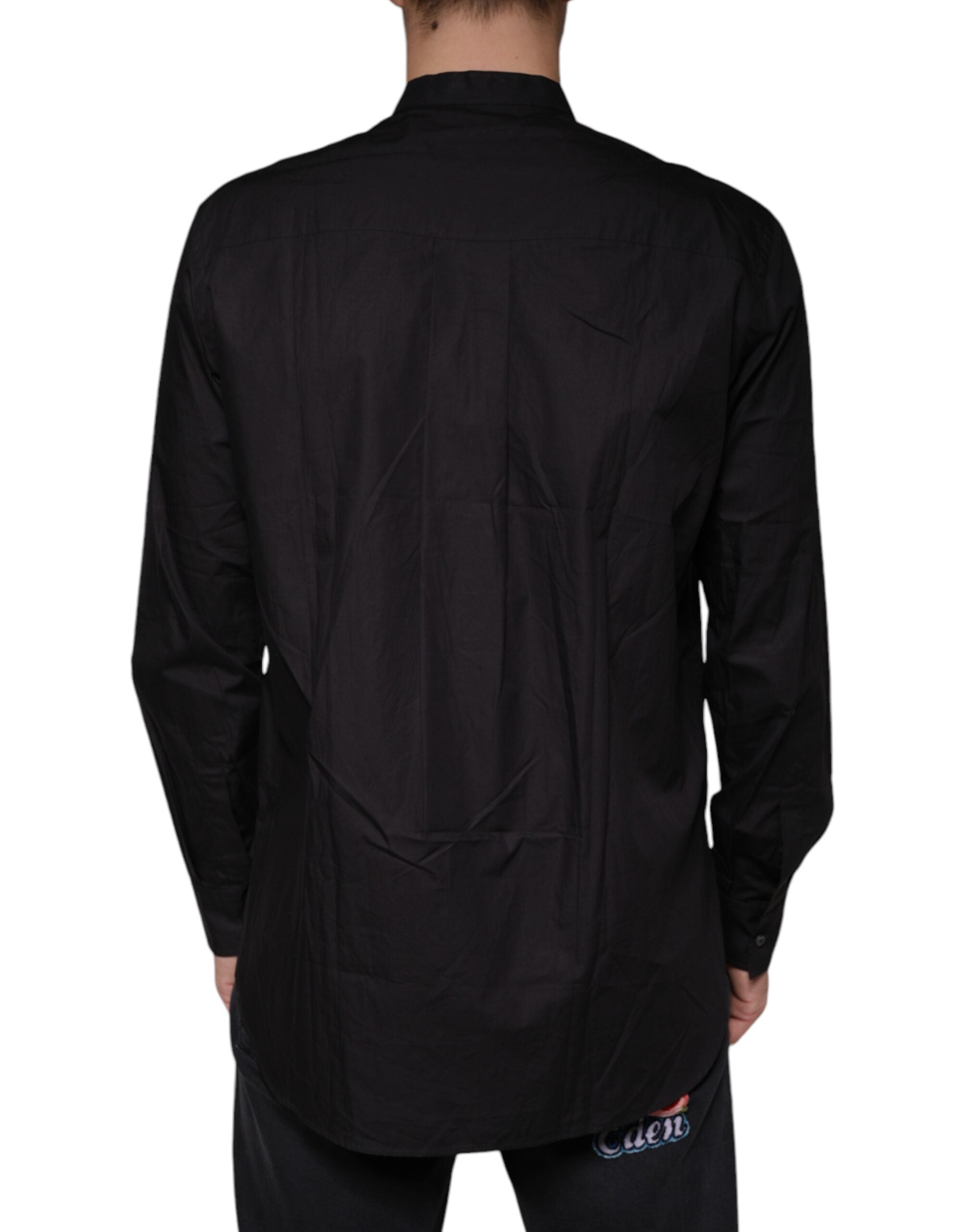 Black cotton button-down men's casual shirt by Dolce & Gabbana, featuring a classic fit and stylish collar details.