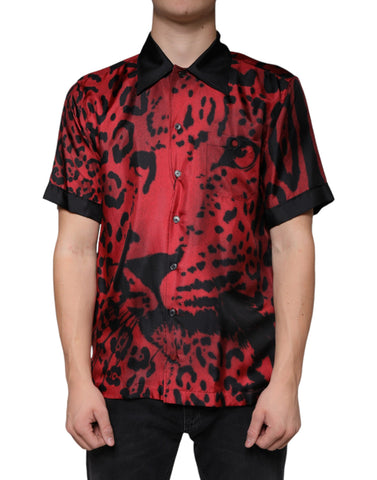 Red leopard print silk button-down casual shirt by Dolce & Gabbana, featuring a classic collar and long sleeves.