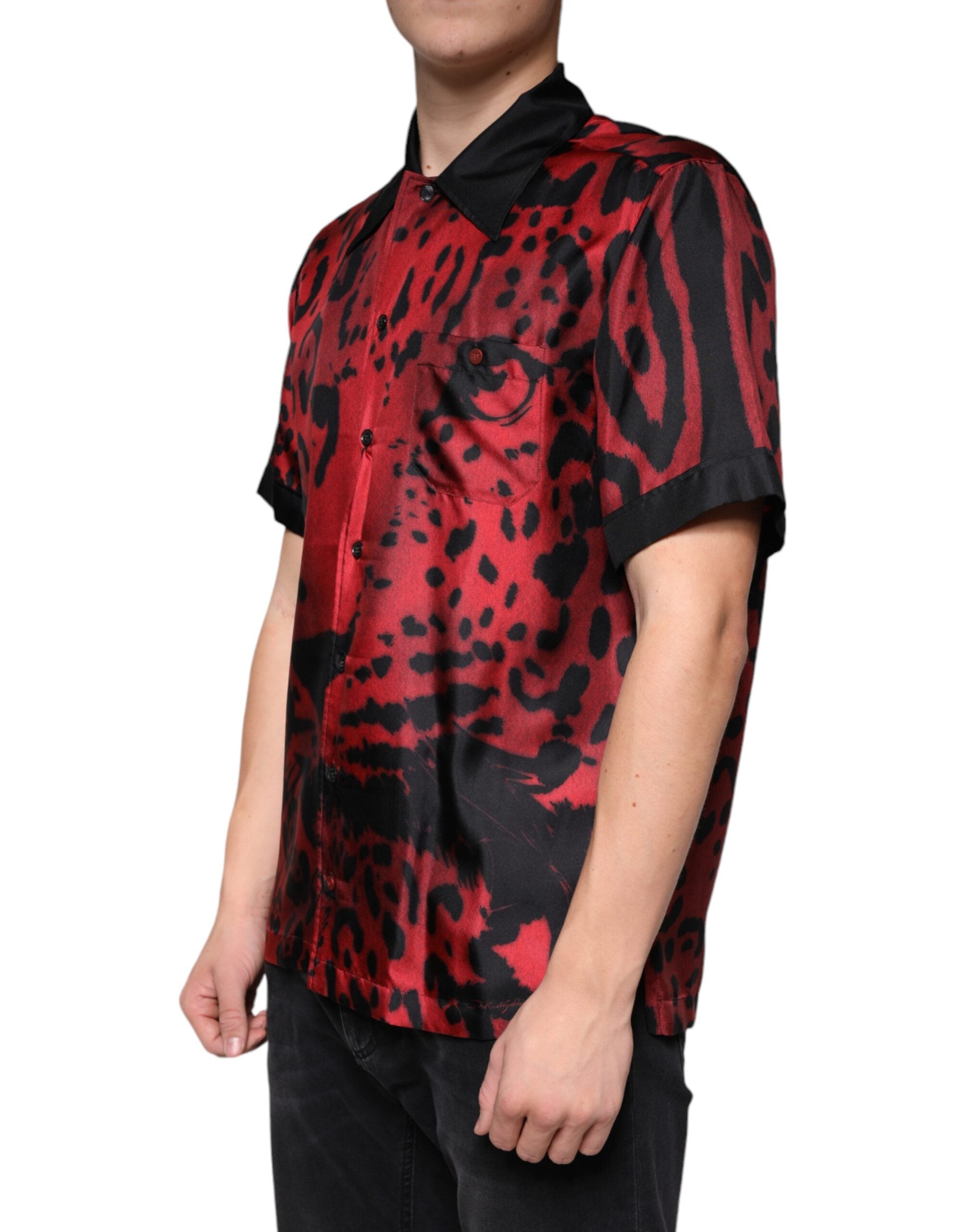 Red leopard print silk button-down casual shirt by Dolce & Gabbana, with a classic collar and long sleeves.
